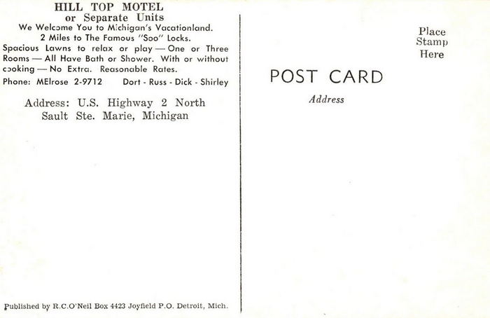 Hill Top Motel - Vintage Postcard